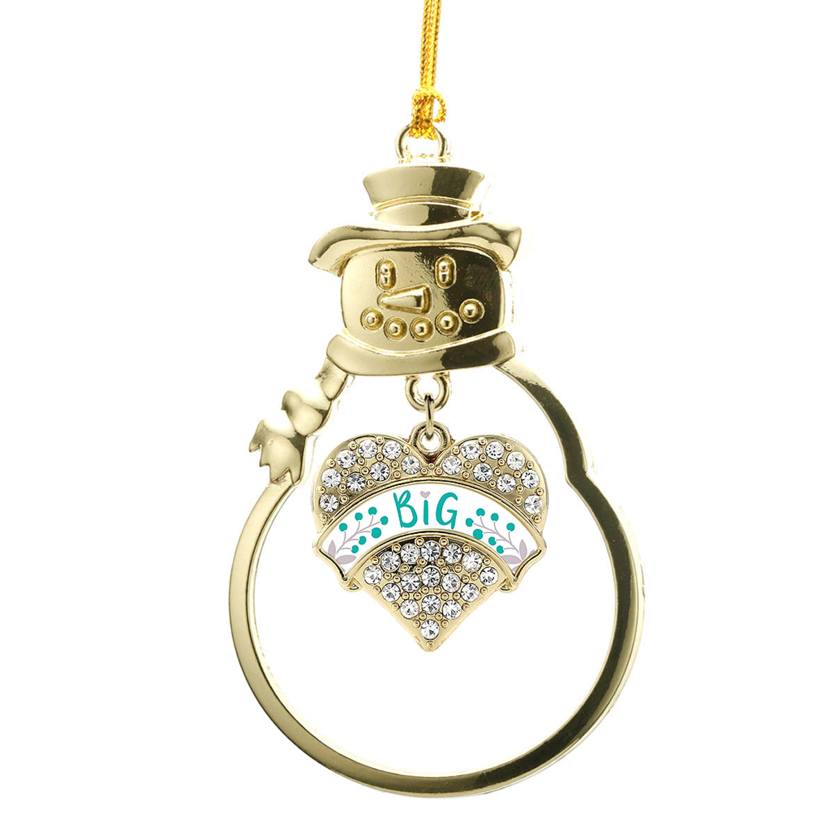 Gold Teal and Gray Big Pave Heart Charm Snowman Ornament