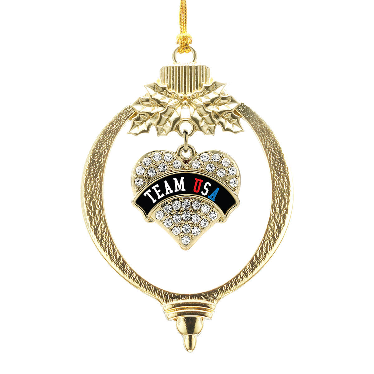Gold Team USA - Black Banner Pave Heart Charm Holiday Ornament
