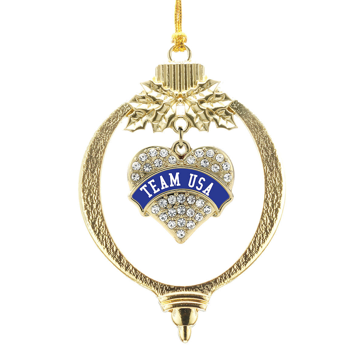 Gold Team USA - Blue Banner Pave Heart Charm Holiday Ornament