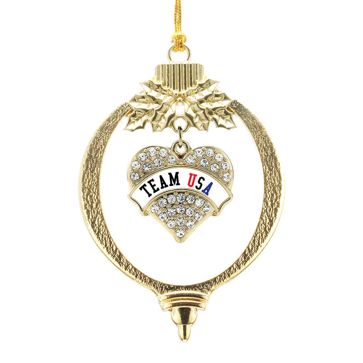 Gold Team USA - White Banner Pave Heart Charm Holiday Ornament
