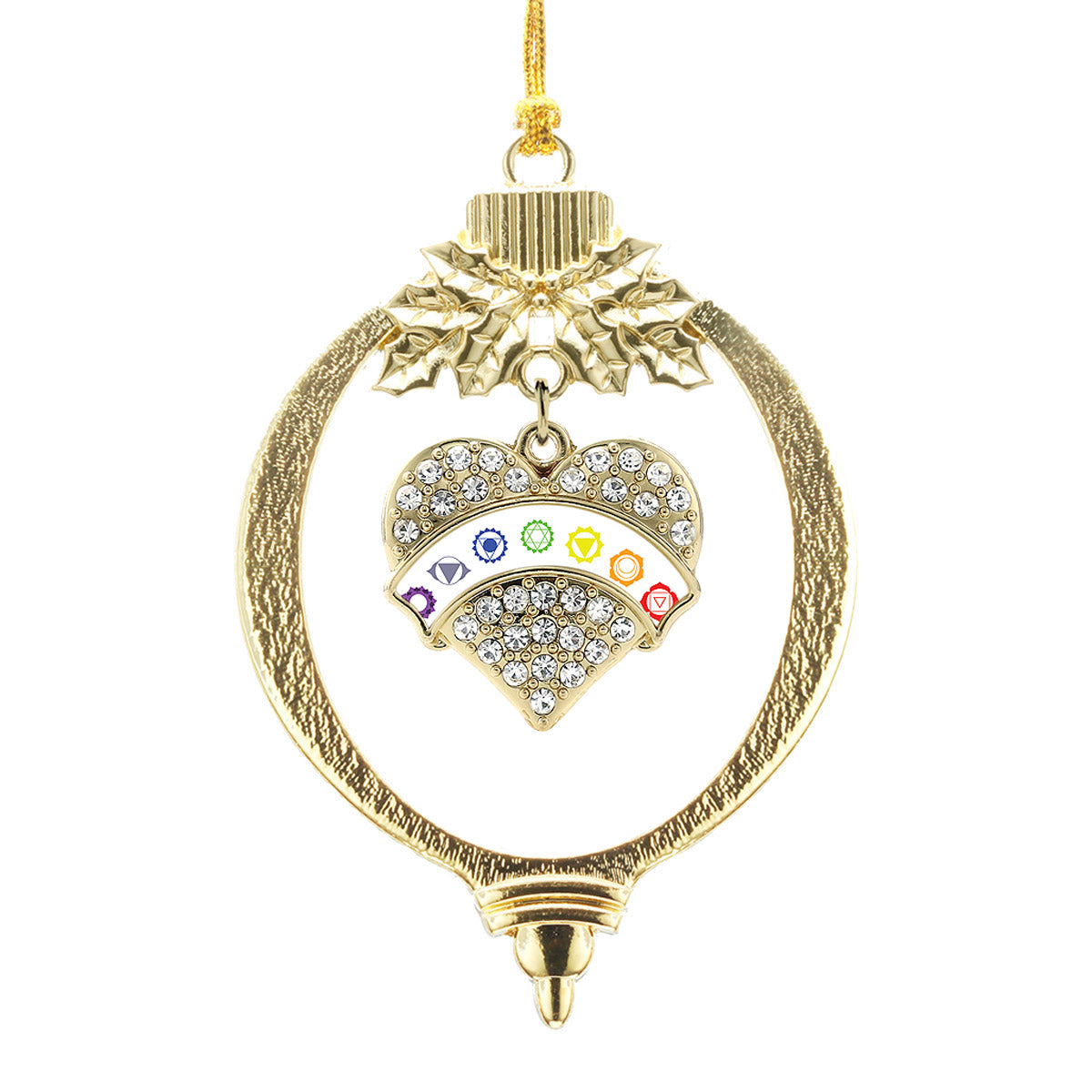 Gold Chakra Symbols - White Banner Pave Heart Charm Holiday Ornament