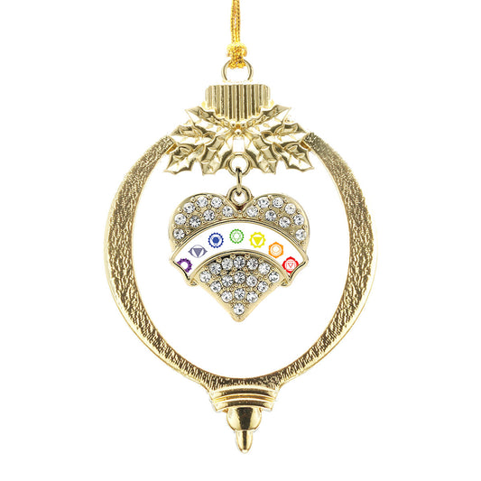 Gold Chakra Symbols - White Banner Pave Heart Charm Holiday Ornament