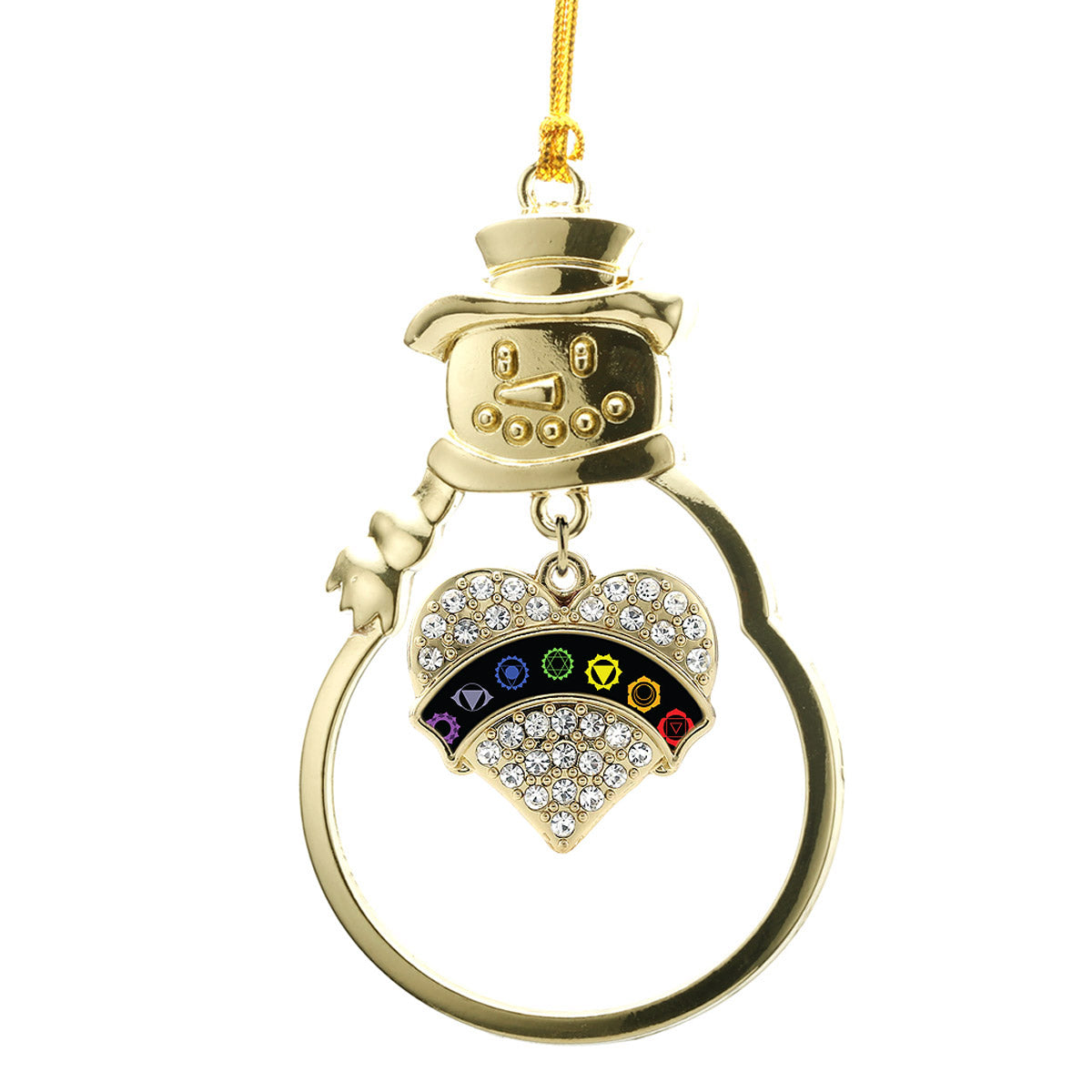 Gold Chakra Symbols - Black Banner Pave Heart Charm Snowman Ornament