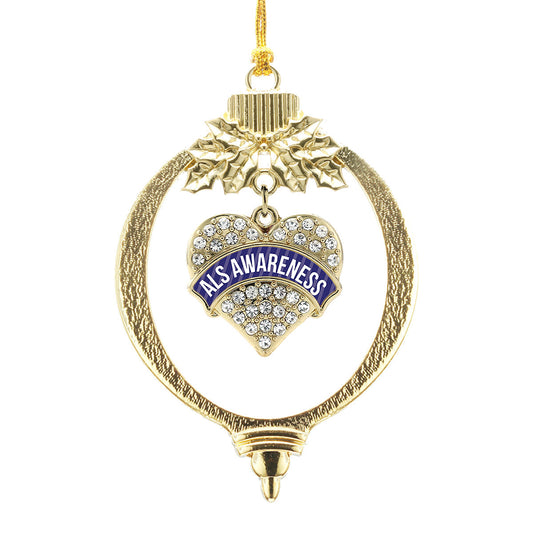 Gold ALS Awareness Pave Heart Charm Holiday Ornament