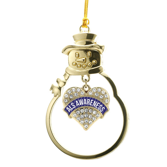 Gold ALS Awareness Pave Heart Charm Snowman Ornament