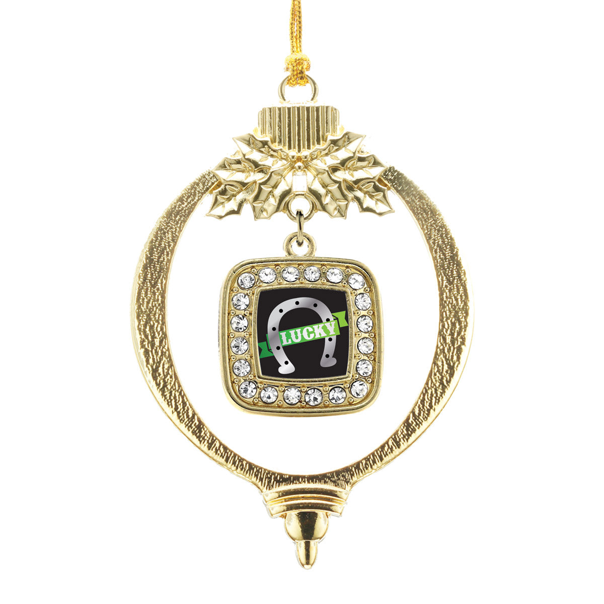 Gold Lucky Horse Shoe Square Charm Holiday Ornament