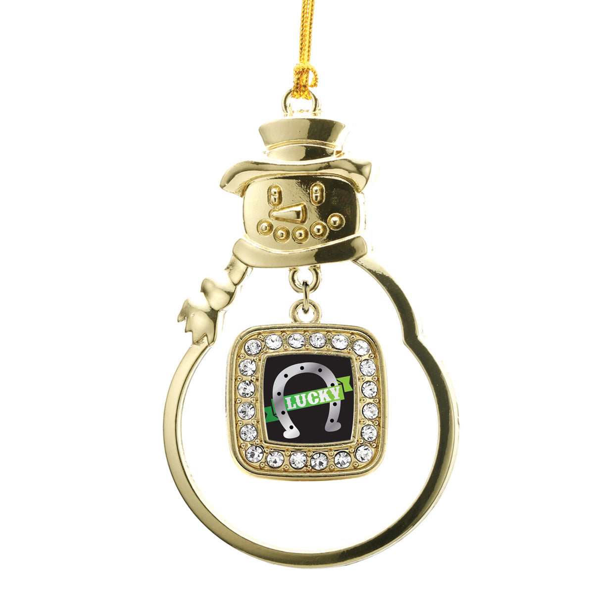 Gold Lucky Horse Shoe Square Charm Snowman Ornament