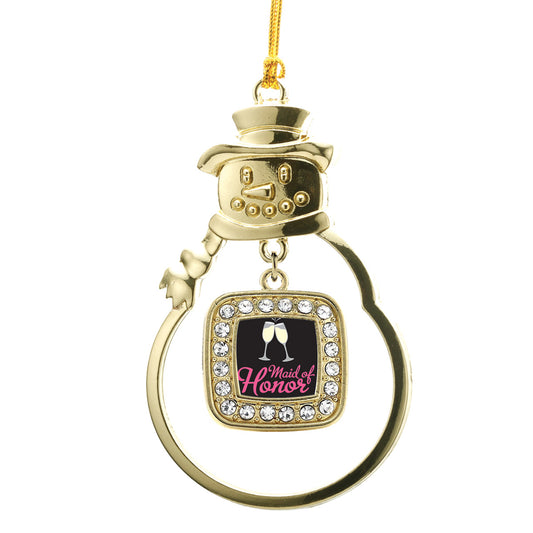 Gold Maid Of Honor Square Charm Snowman Ornament