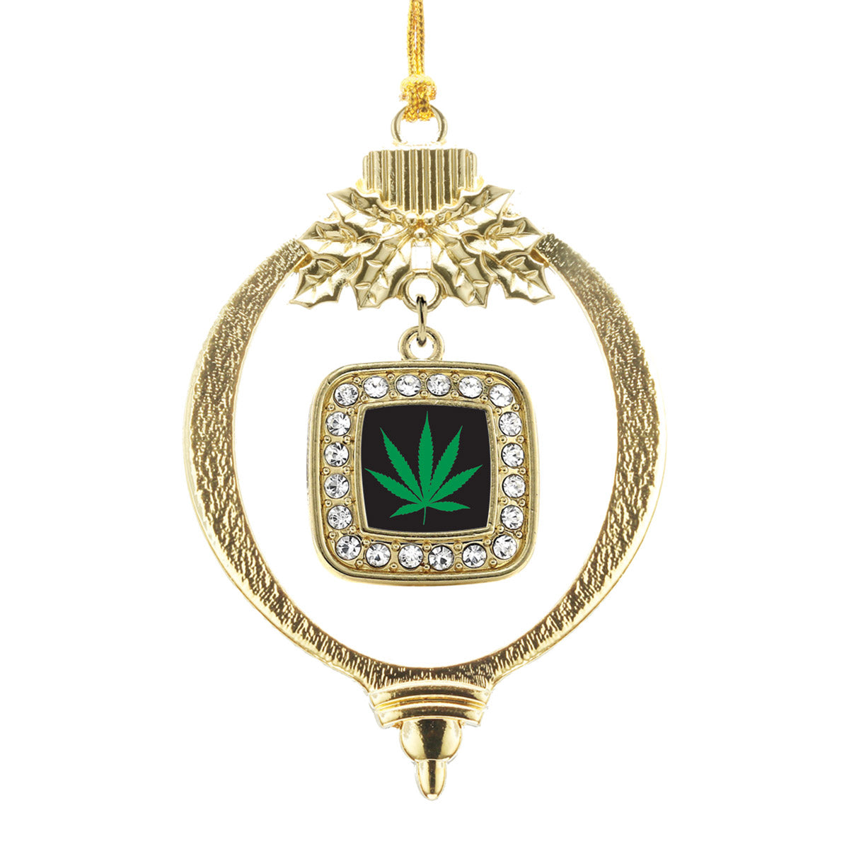 Gold Marijuana Leaf Square Charm Holiday Ornament
