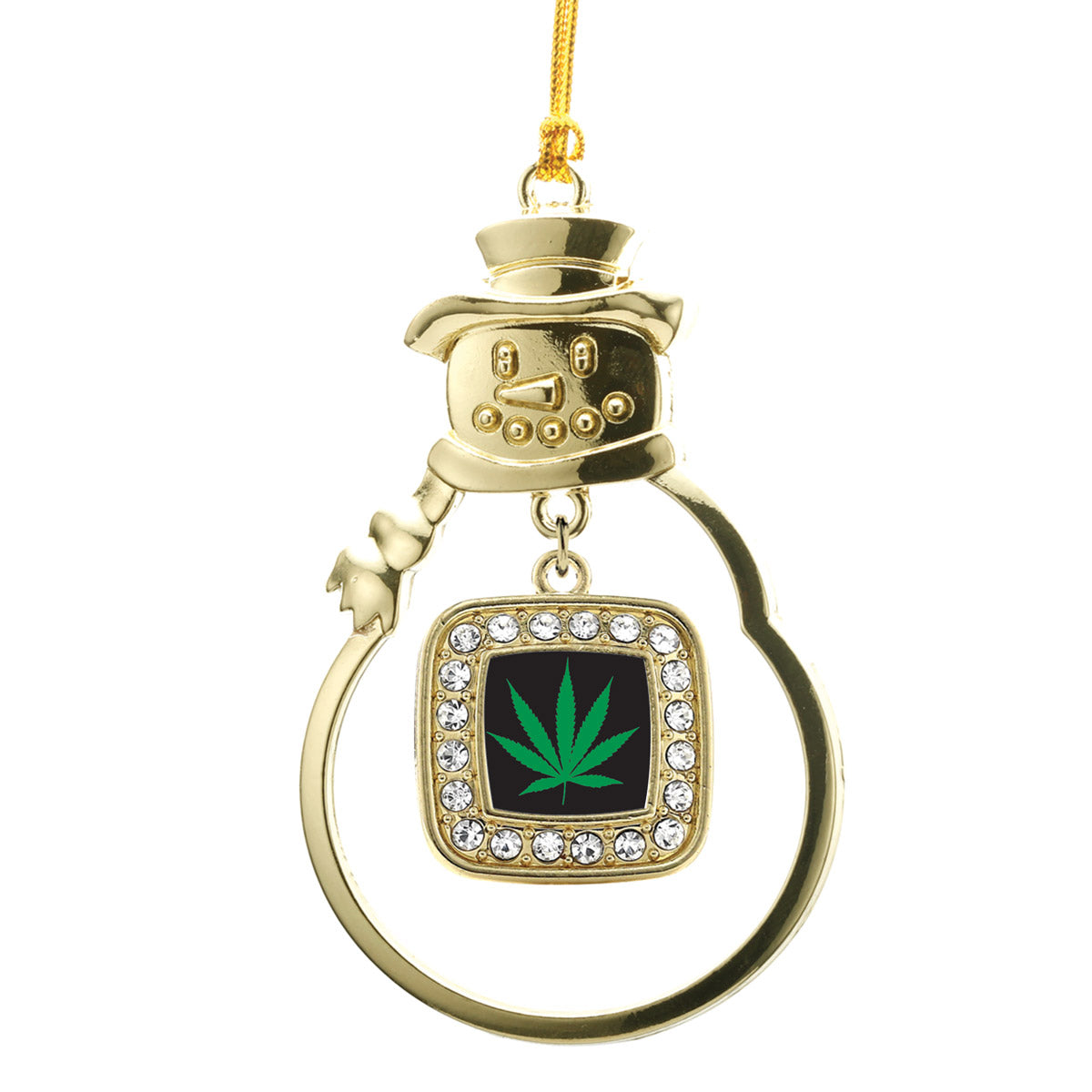 Gold Marijuana Leaf Square Charm Snowman Ornament