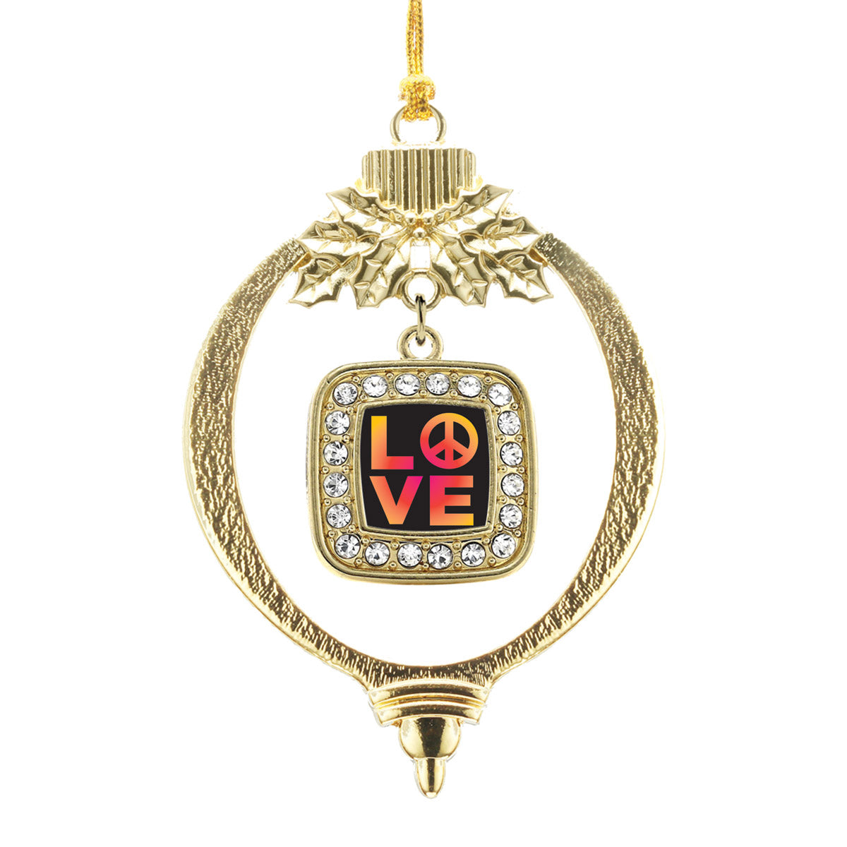 Gold Peace And Love Square Charm Holiday Ornament