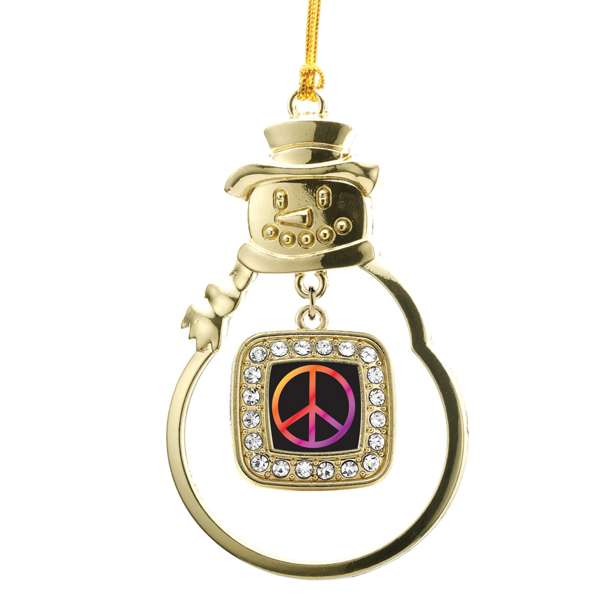 Gold Peace Square Charm Snowman Ornament