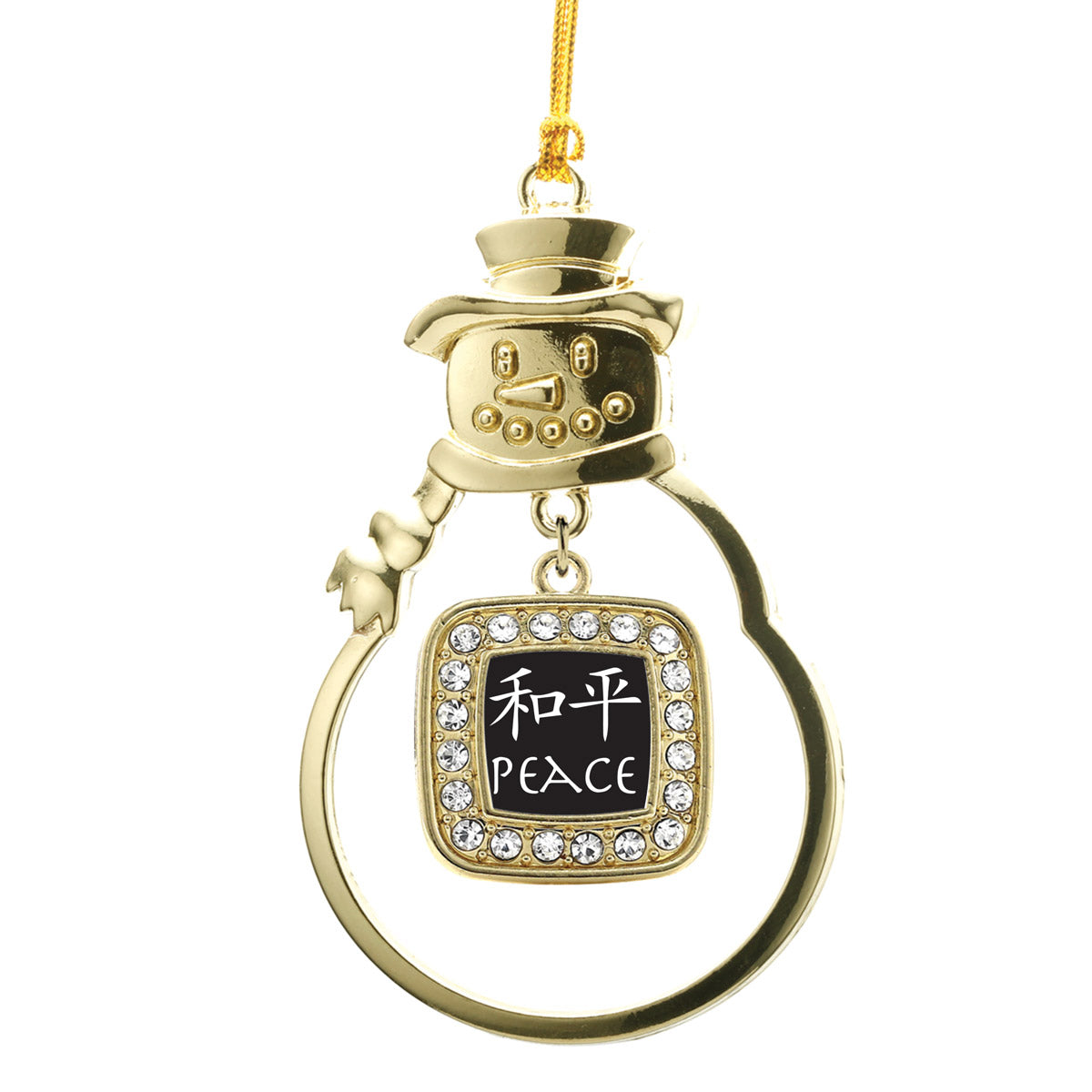 Gold Peace In Chinese Square Charm Snowman Ornament