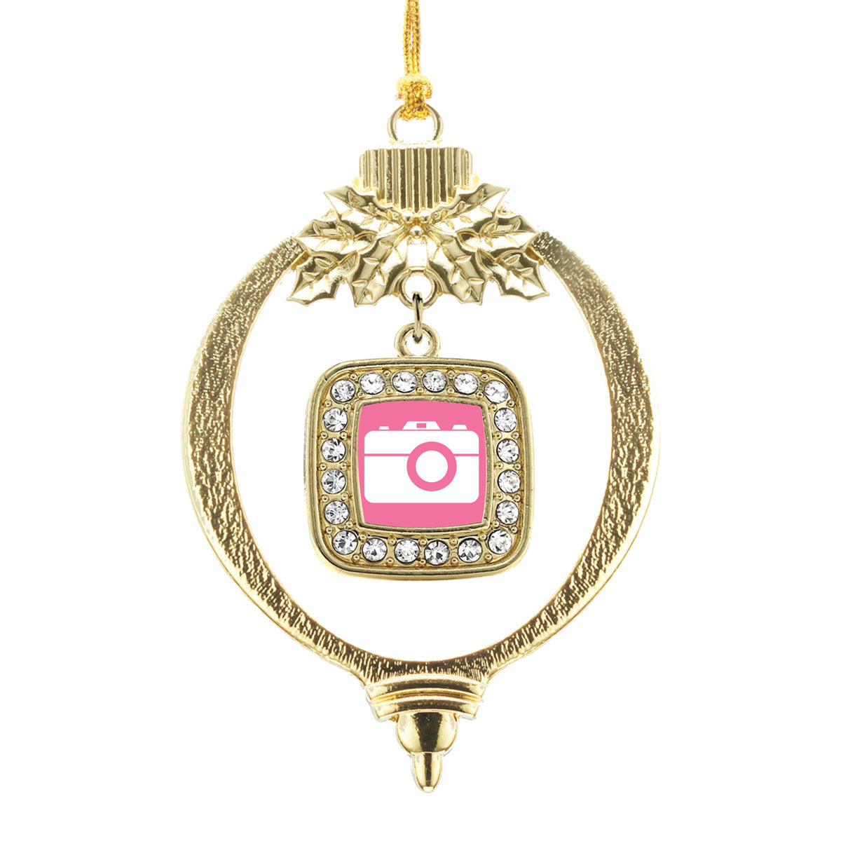 Gold Pink Camera Square Charm Holiday Ornament