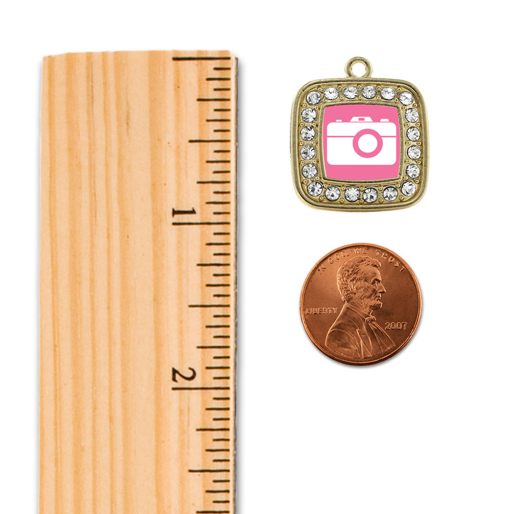 Gold Pink Camera Square Charm Holiday Ornament