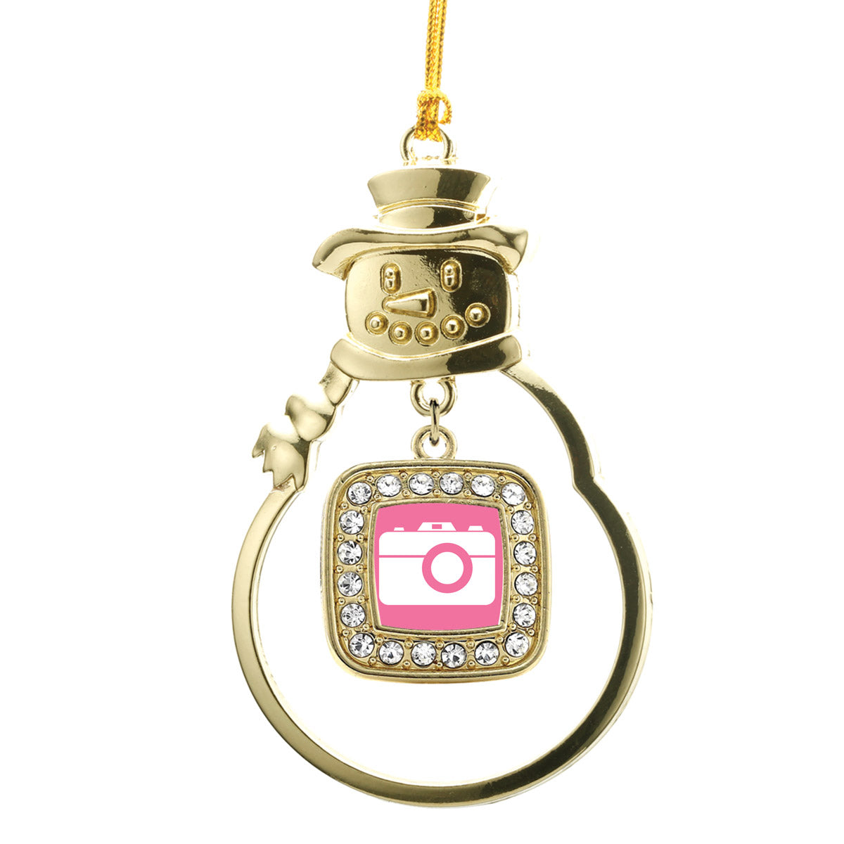 Gold Pink Camera Square Charm Snowman Ornament