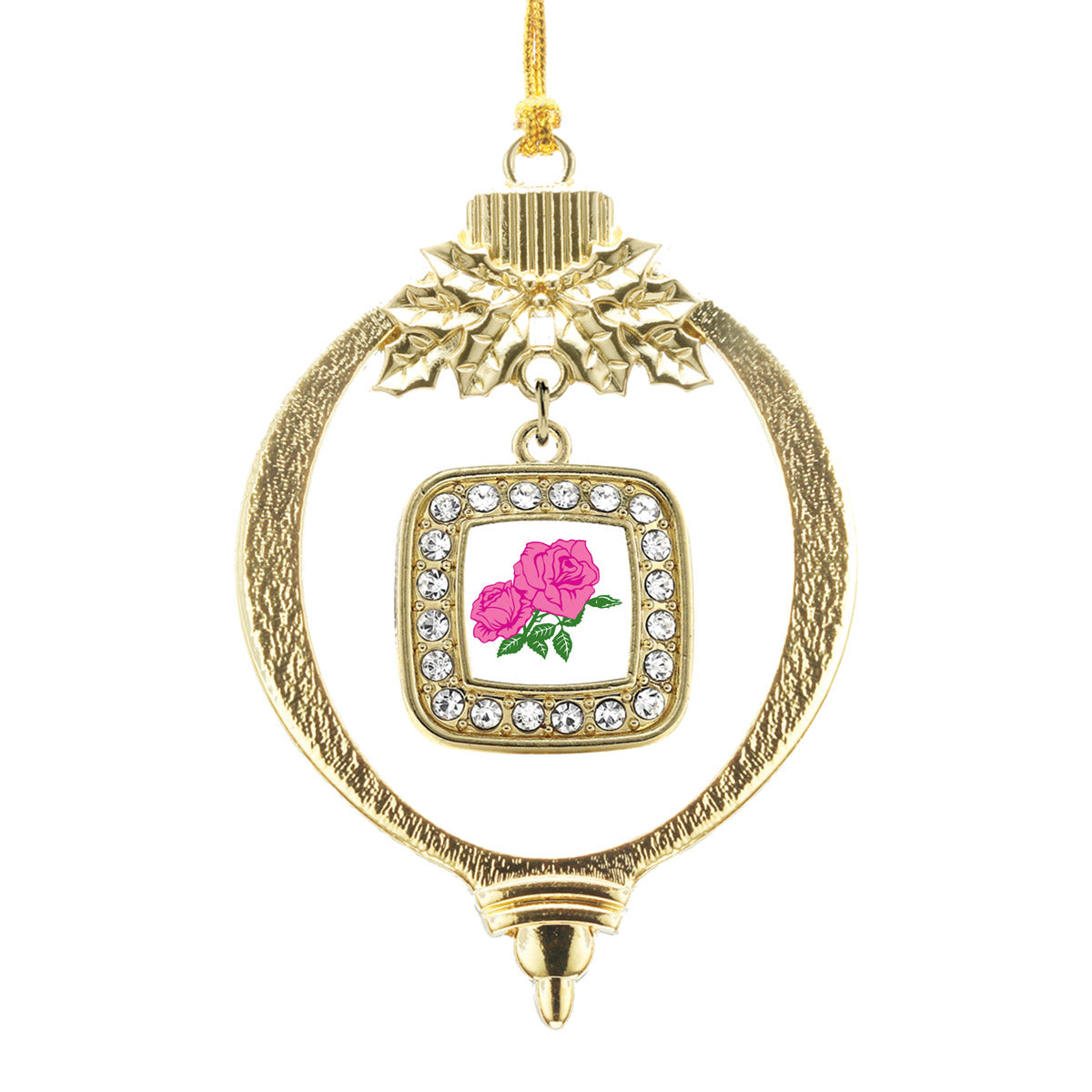 Gold Pink Rose Square Charm Holiday Ornament