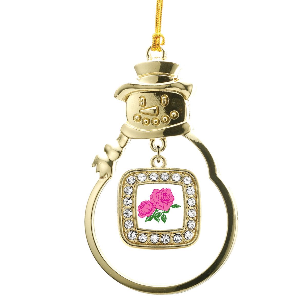 Gold Pink Rose Square Charm Snowman Ornament