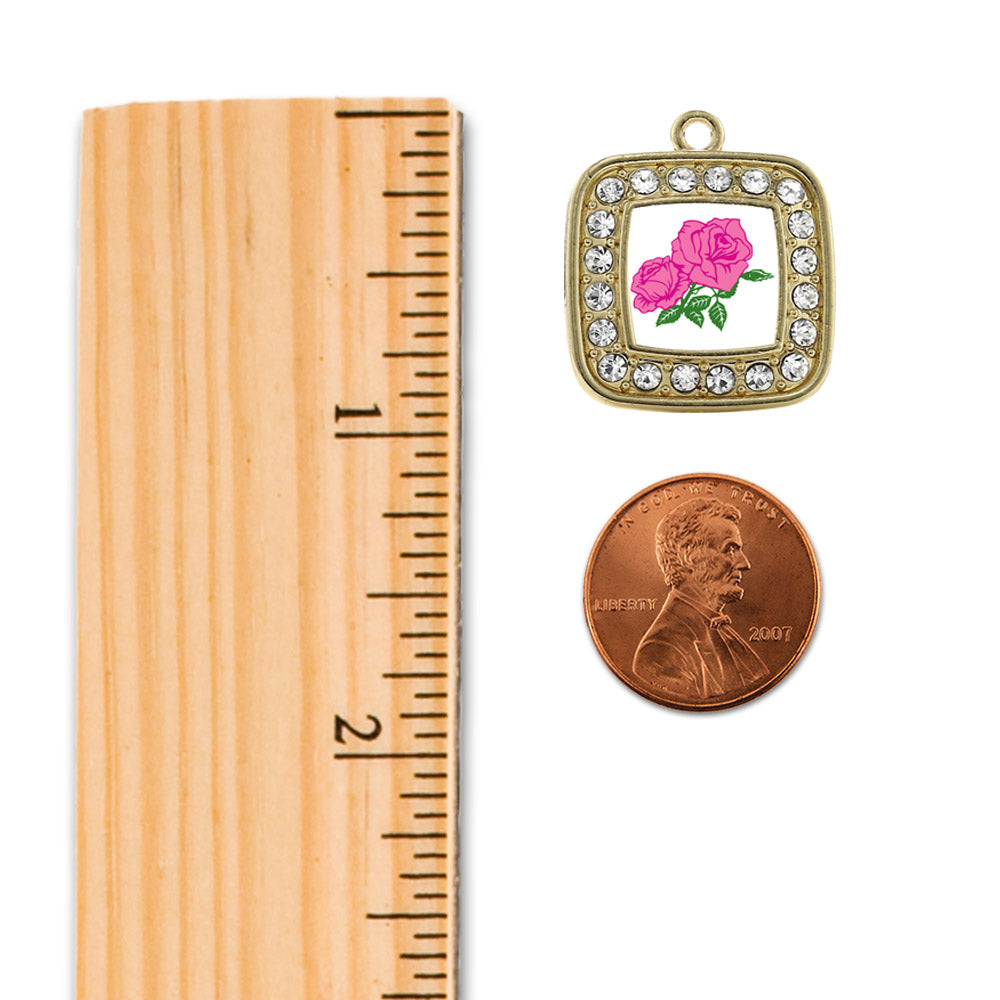 Gold Pink Rose Square Charm Snowman Ornament