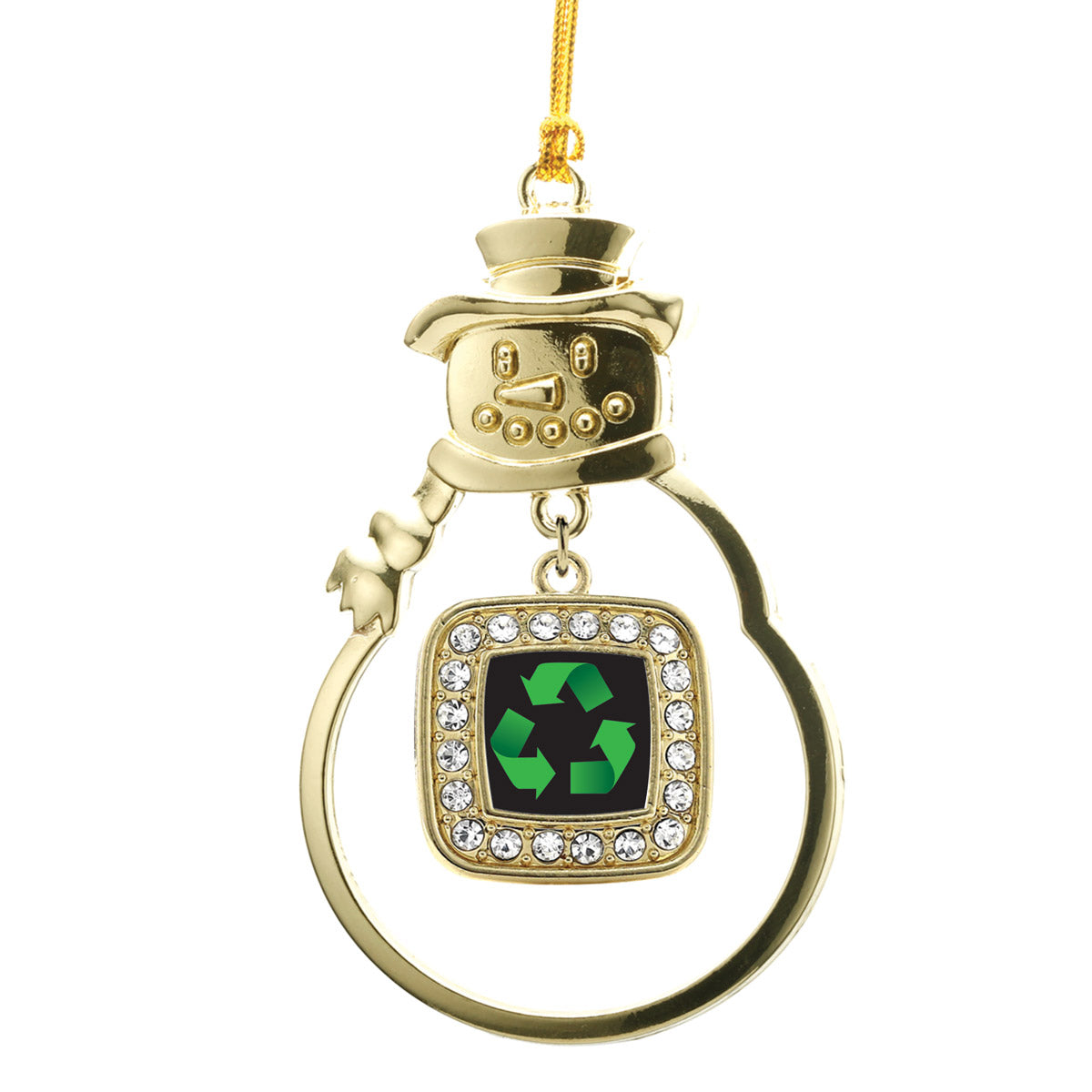 Gold Recycle Square Charm Snowman Ornament