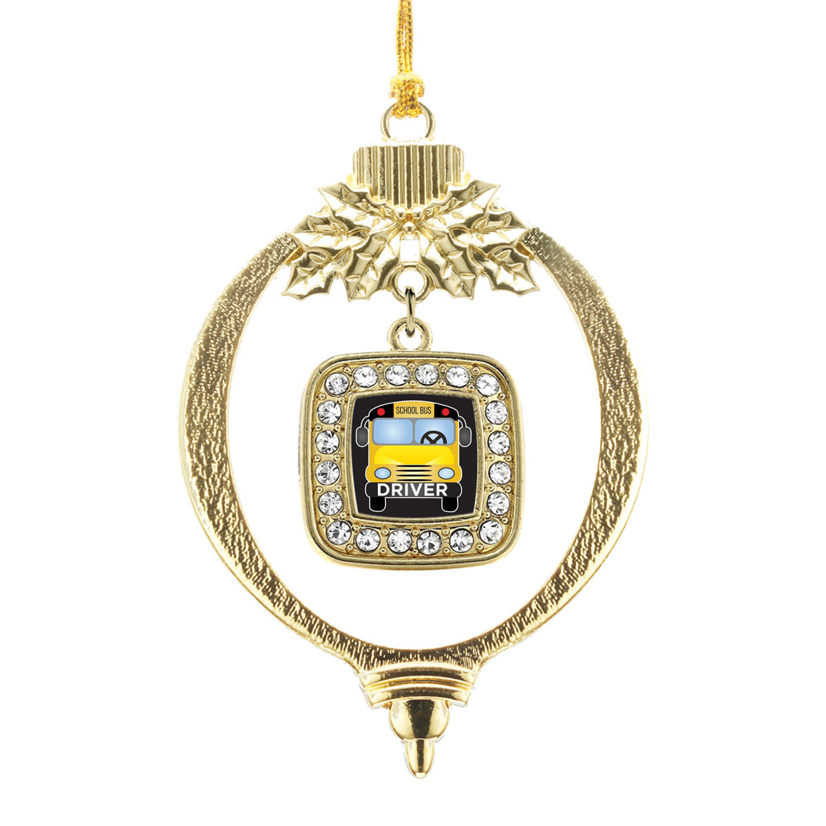 Gold School Bus Square Charm Holiday Ornament