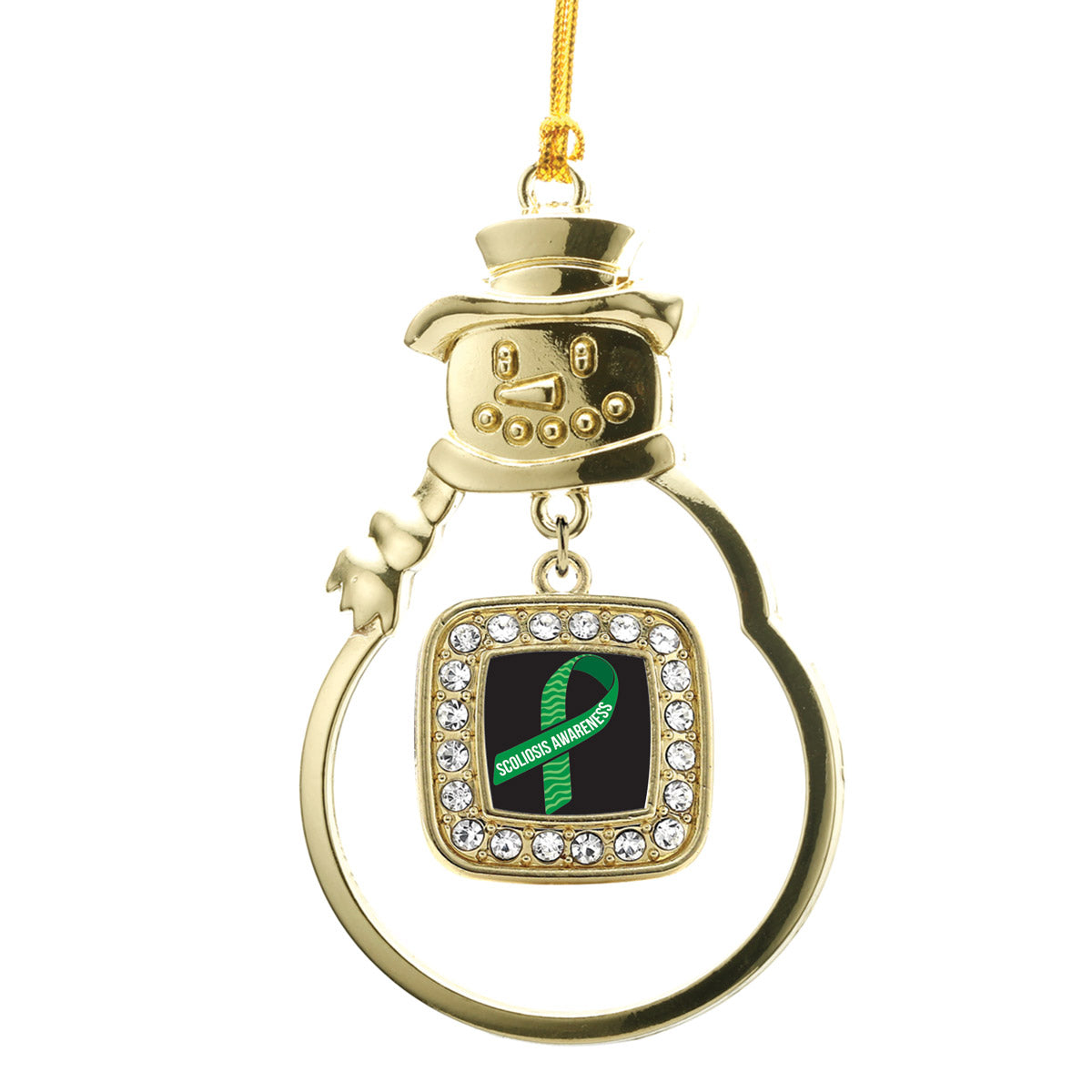 Gold Scoliosis Awareness Square Charm Snowman Ornament