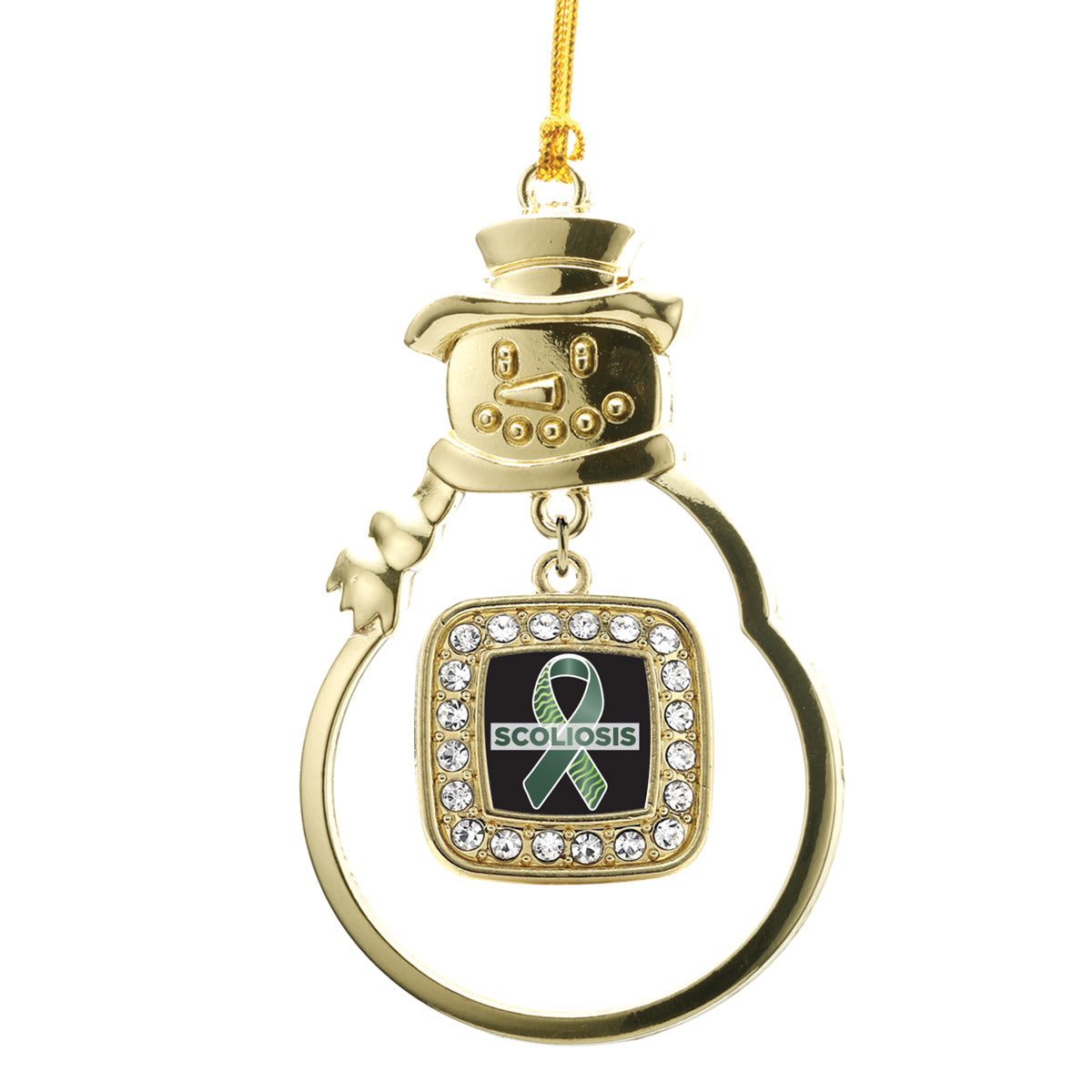 Gold Scoliosis Support and Awareness Square Charm Snowman Ornament