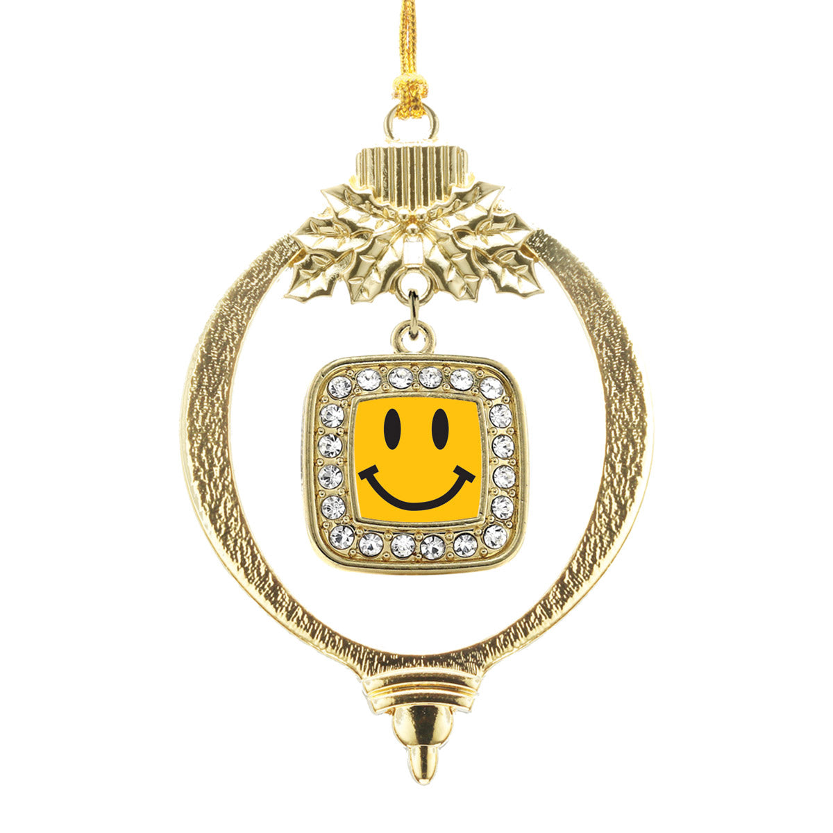 Gold Smiley Face Square Charm Holiday Ornament