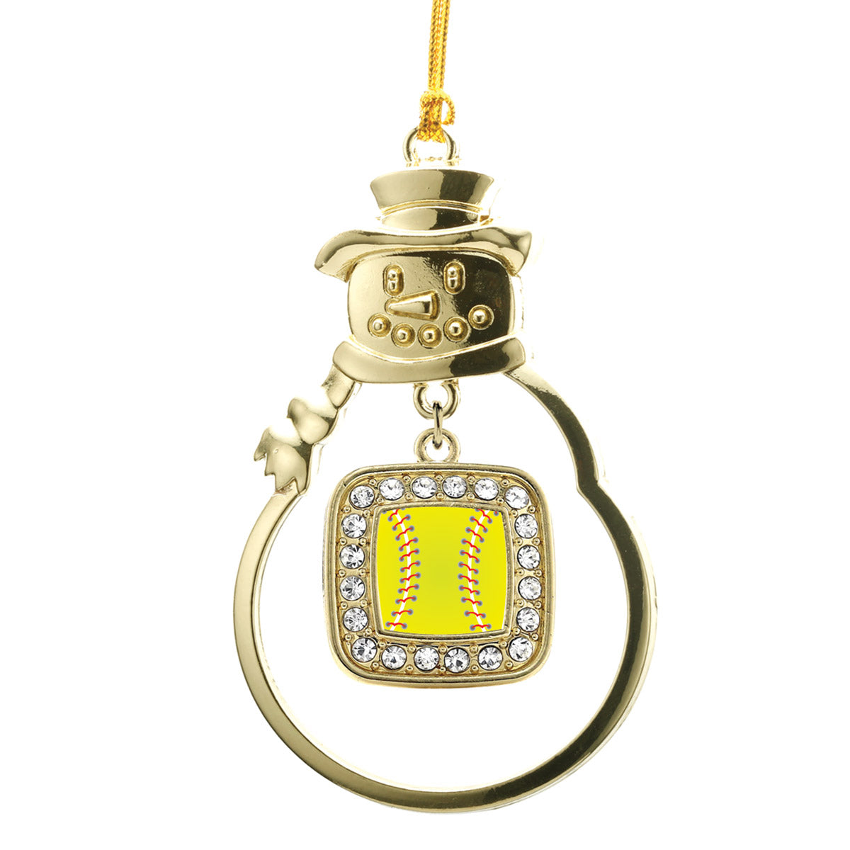Gold Softball Square Charm Snowman Ornament