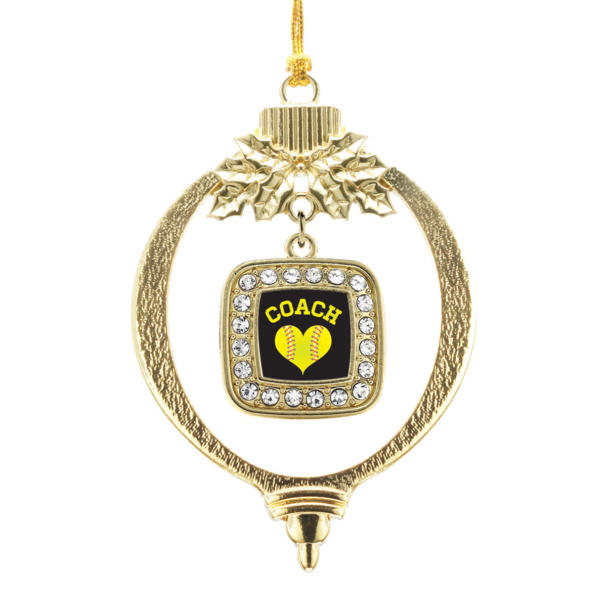 Gold Softball Coach Square Charm Holiday Ornament
