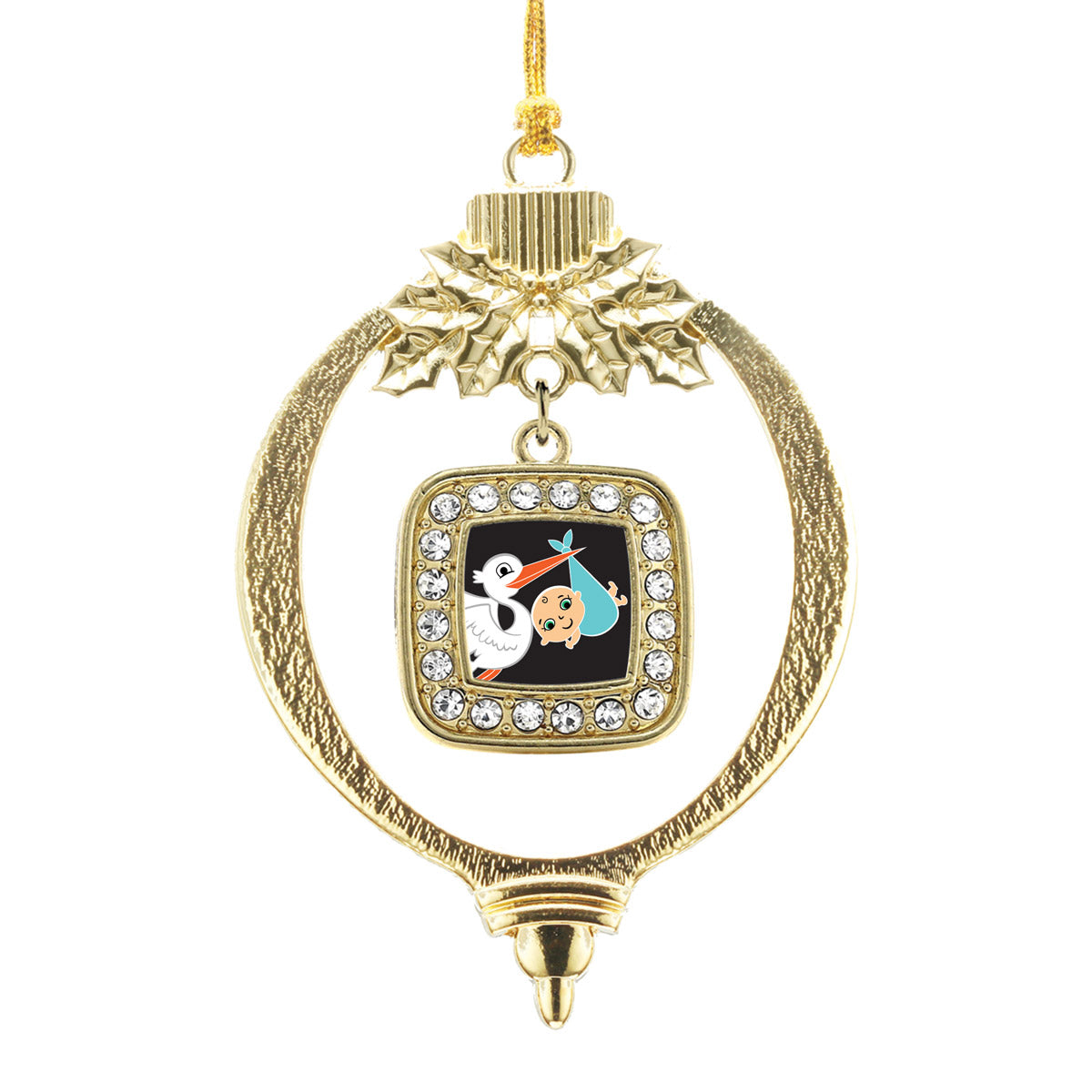 Gold Stork Brings A Boy Square Charm Holiday Ornament