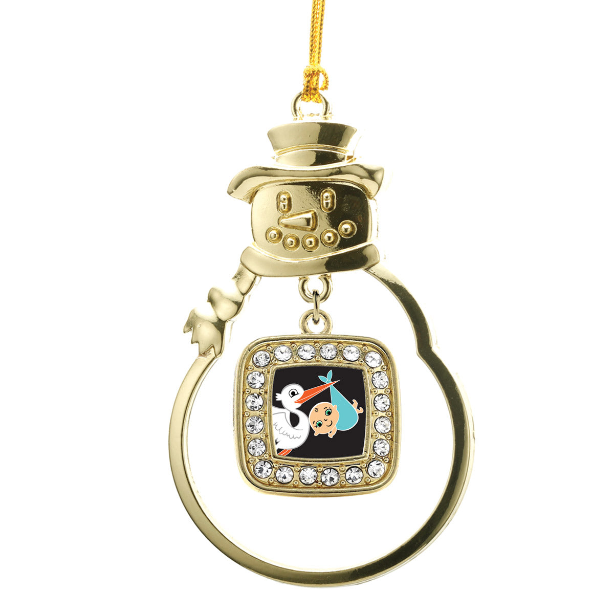 Gold Stork Brings A Boy Square Charm Snowman Ornament