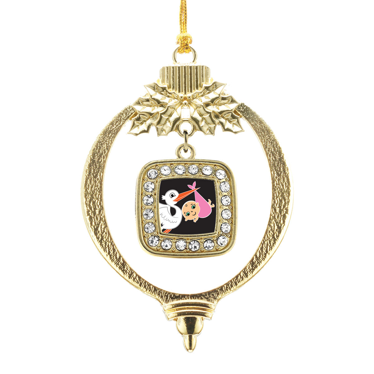 Gold Stork Brings A Girl Square Charm Holiday Ornament