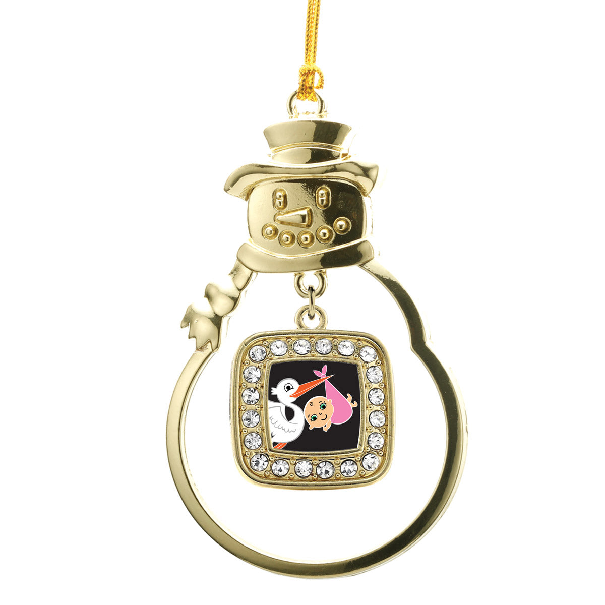 Gold Stork Brings A Girl Square Charm Snowman Ornament