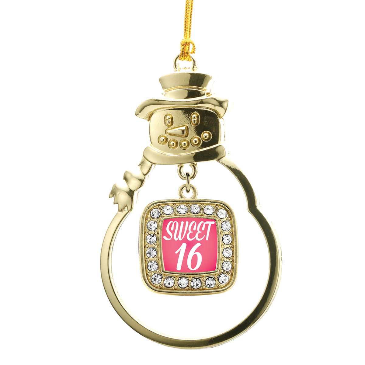 Gold Sweet Sixteen Square Charm Snowman Ornament