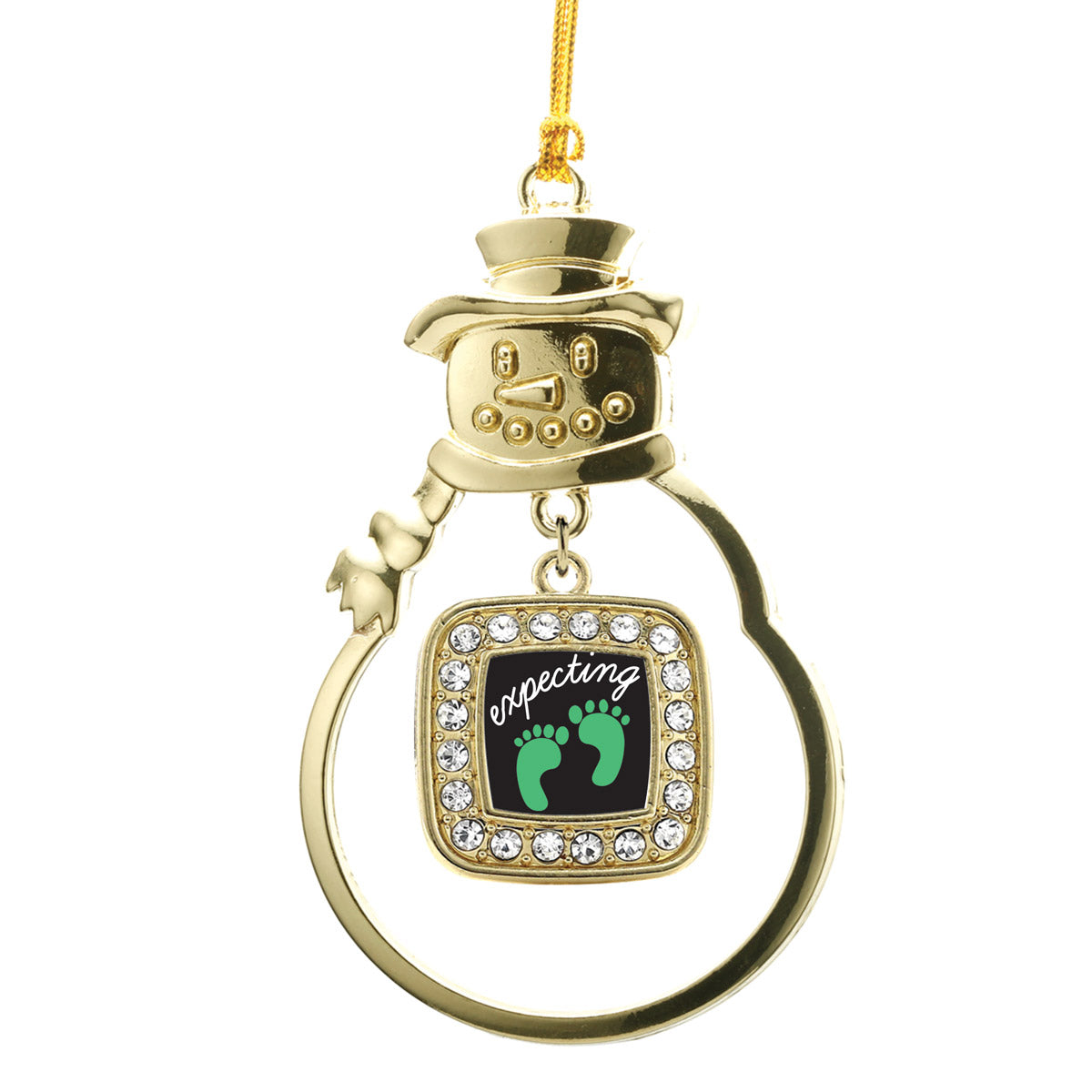 Gold We're Expecting! Footprints Square Charm Snowman Ornament