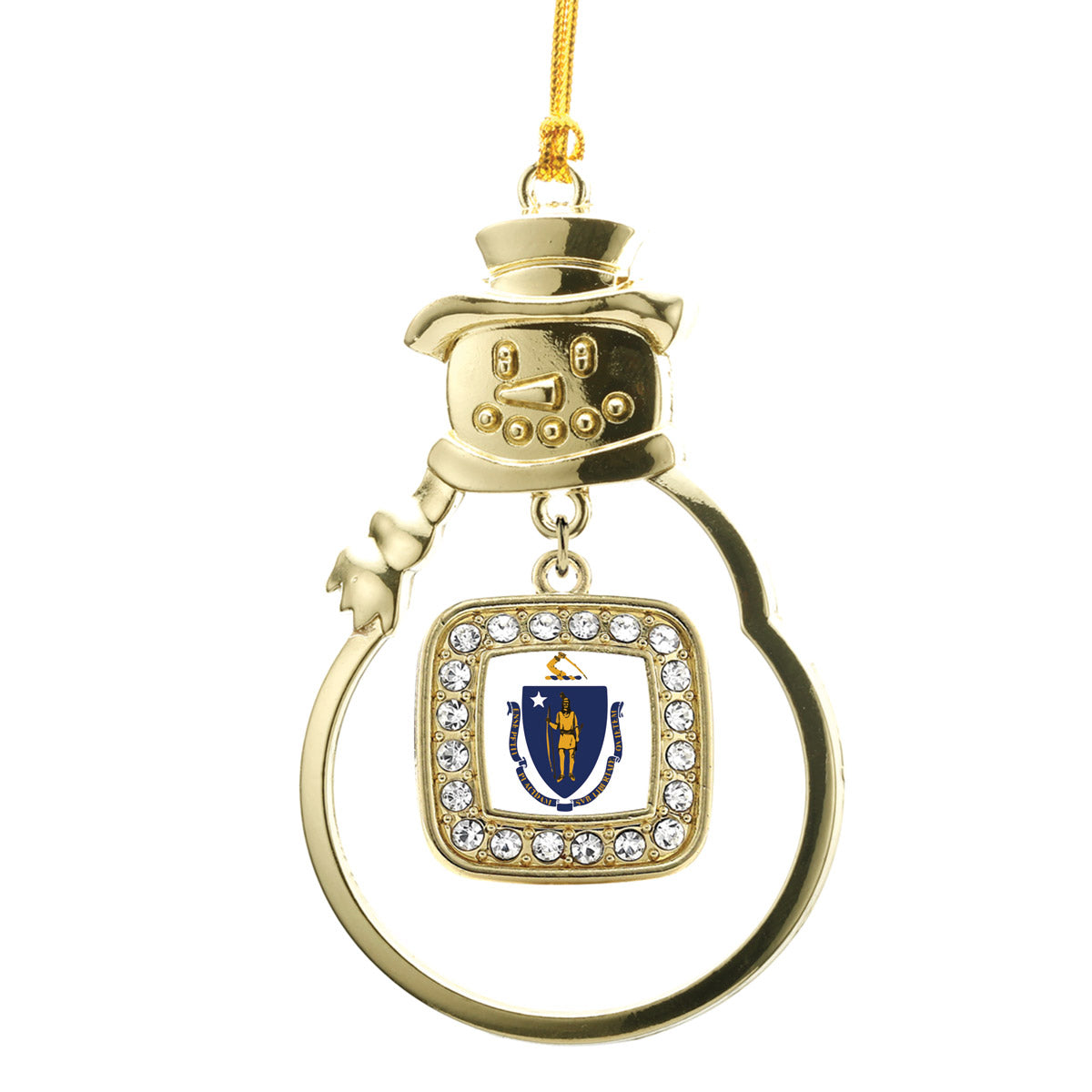 Gold Massachusetts Flag Square Charm Snowman Ornament