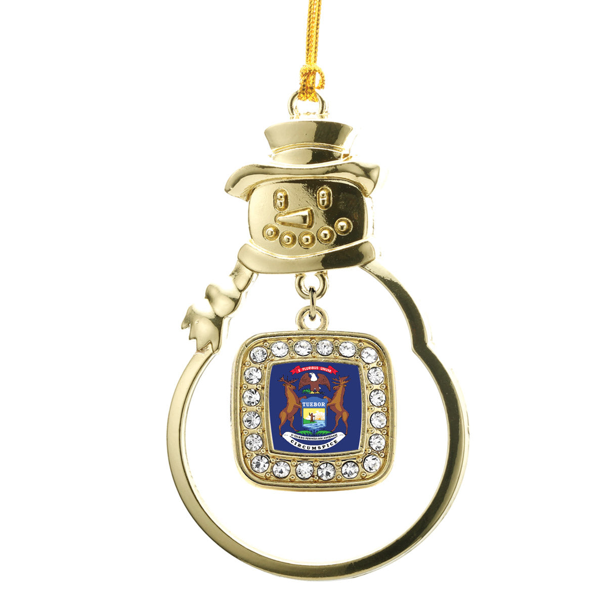 Gold Michigan Flag Square Charm Snowman Ornament