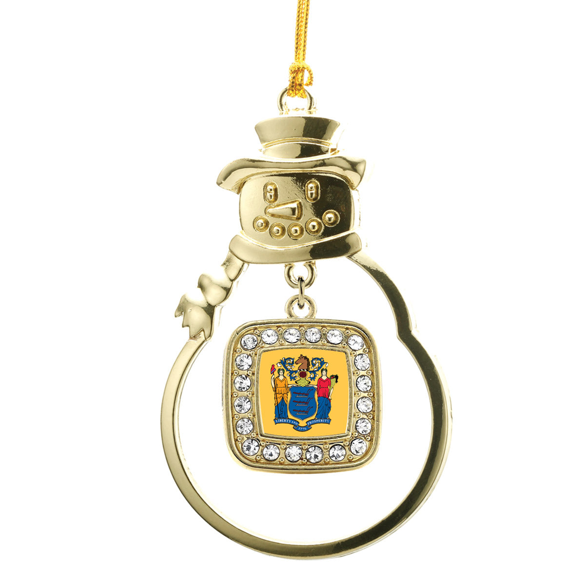 Gold New Jersey Flag Square Charm Snowman Ornament