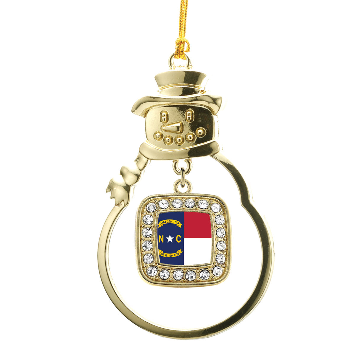 Gold North Carolina Flag Square Charm Snowman Ornament
