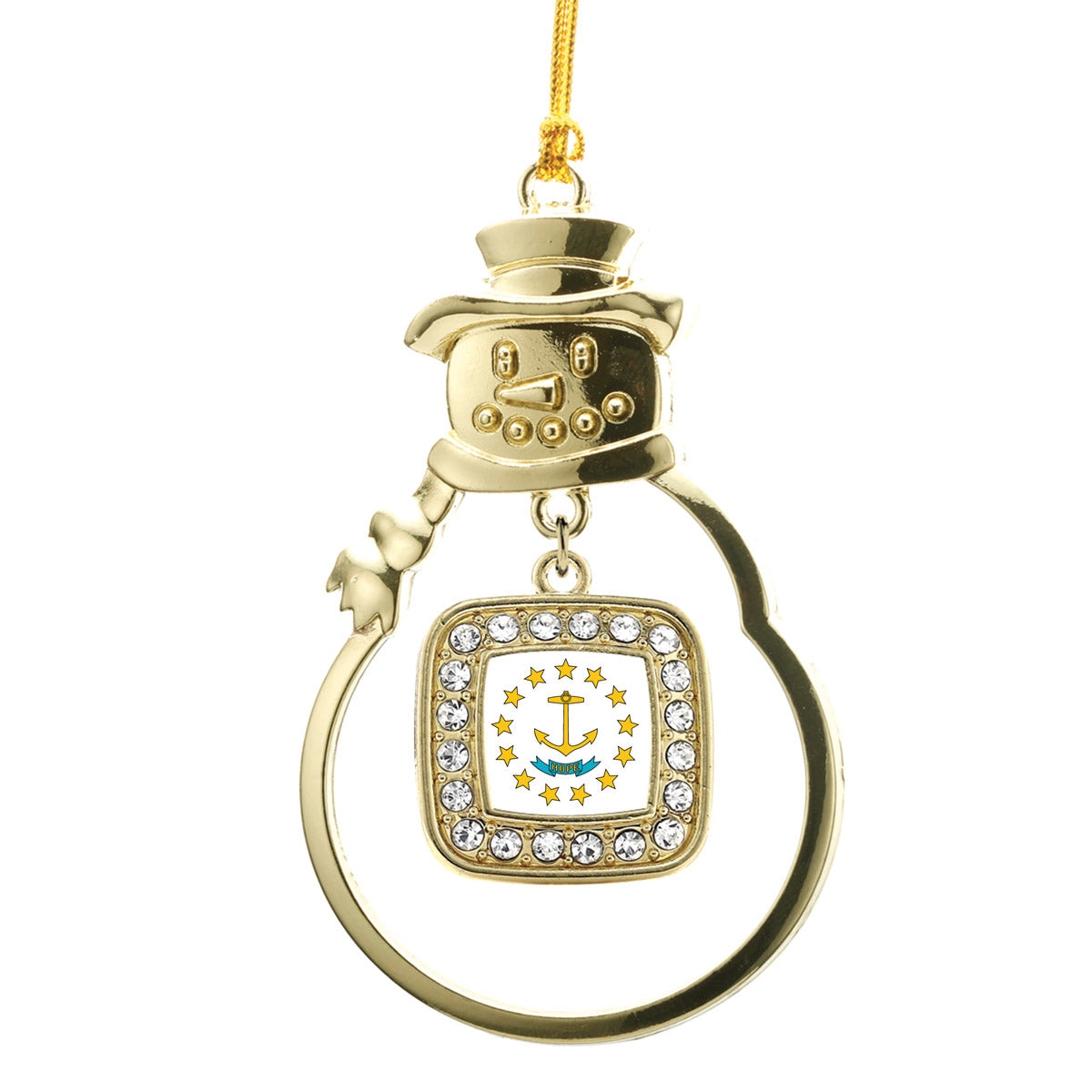 Gold Rhode Island Flag Square Charm Snowman Ornament