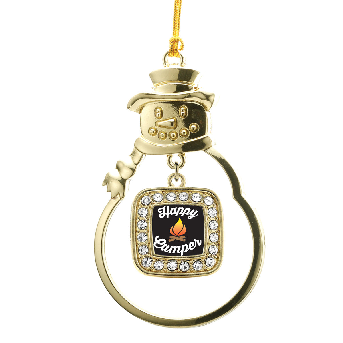 Gold Happy Camper Square Charm Snowman Ornament