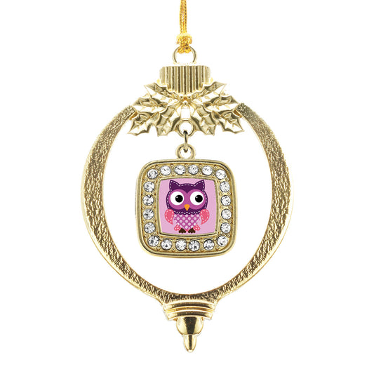 Gold Cute Owl Square Charm Holiday Ornament