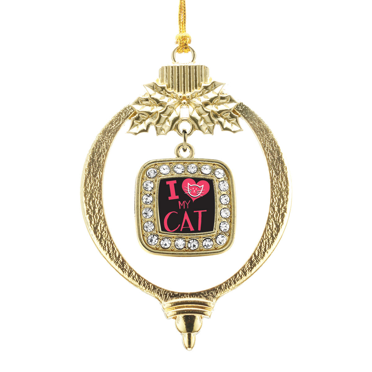 Gold I Love My Cat Square Charm Holiday Ornament