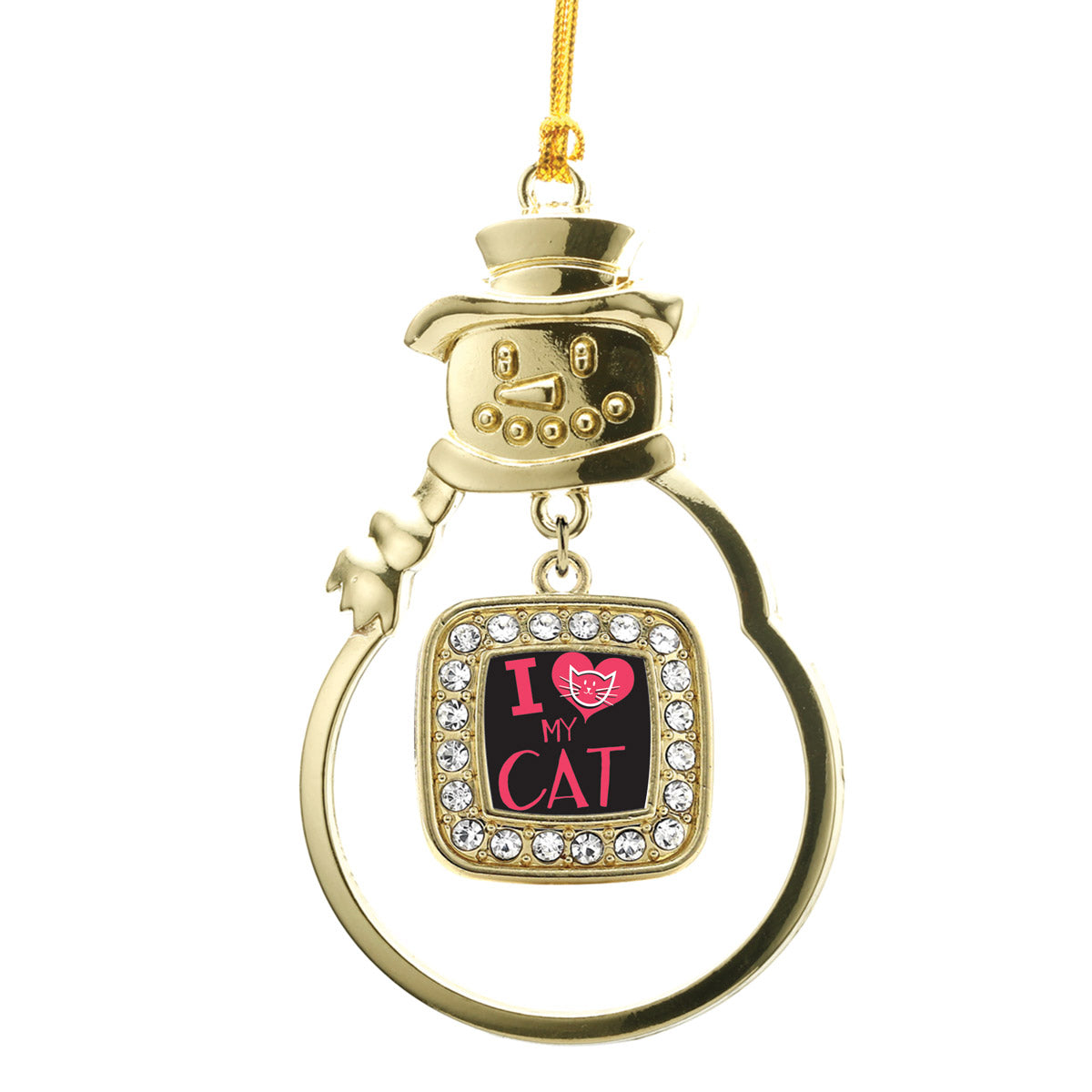 Gold I Love My Cat Square Charm Snowman Ornament