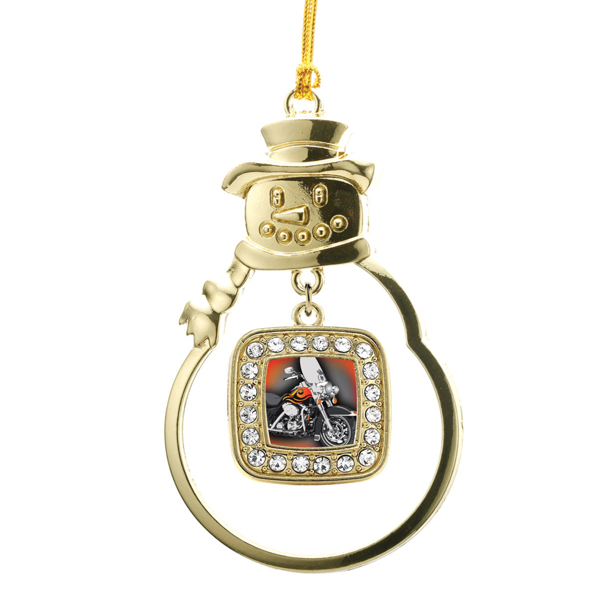 Gold Motorcycle Lovers Square Charm Snowman Ornament