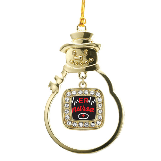 Gold ER Nurse Square Charm Snowman Ornament