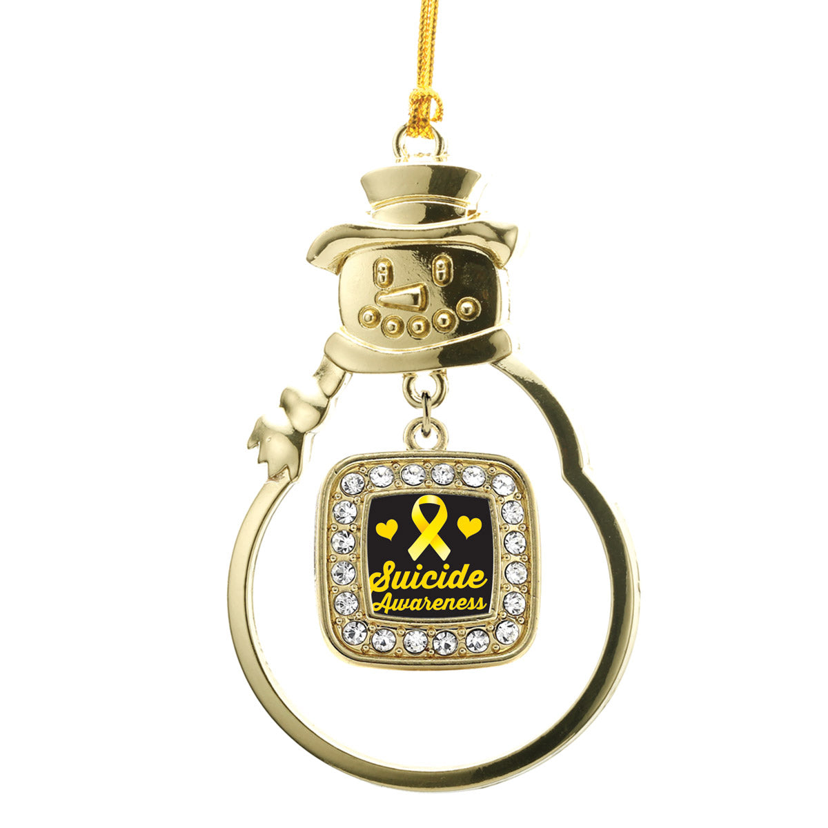 Gold Suicide Awareness Square Charm Snowman Ornament