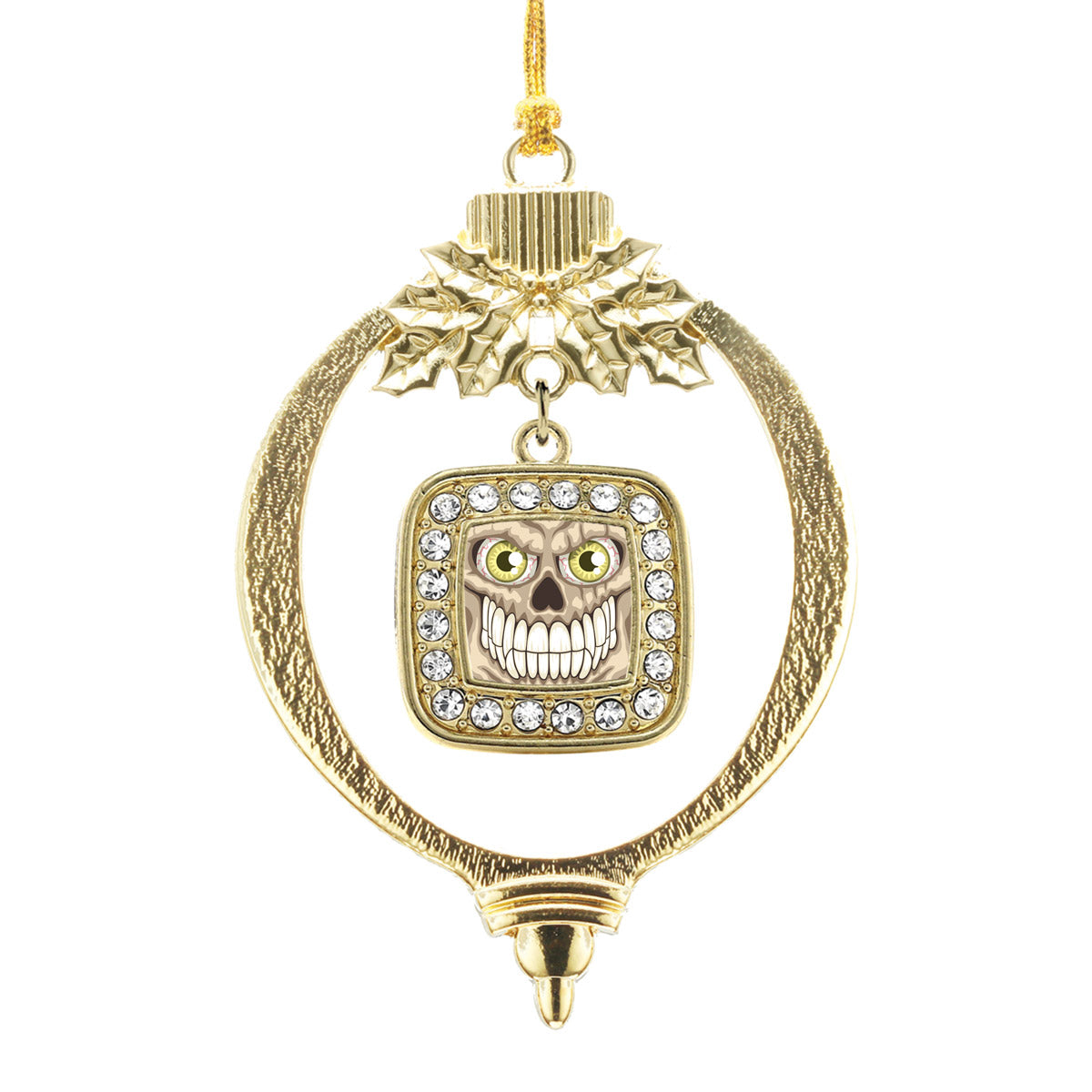 Gold Grinning Skull Square Charm Holiday Ornament
