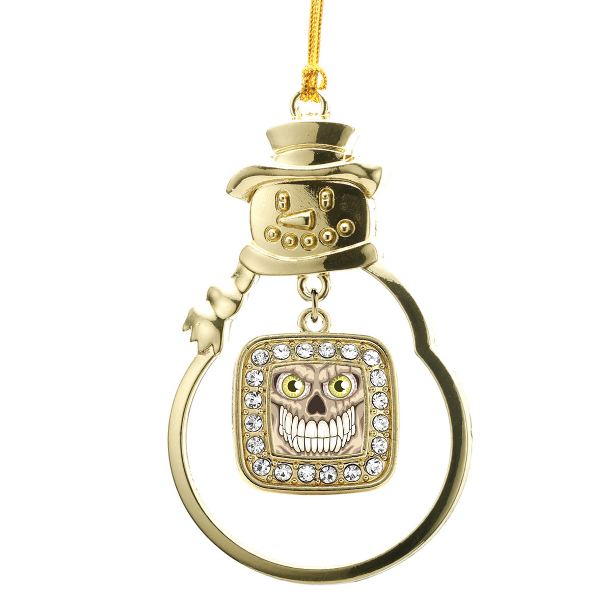 Gold Grinning Skull Square Charm Snowman Ornament